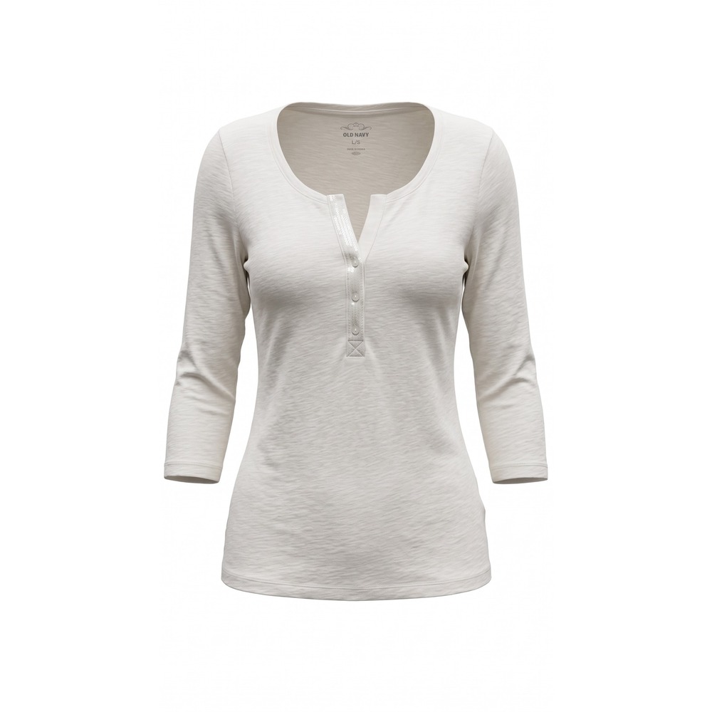 Old Navy Women Cream Slub Knit Sequin Henley Top Long Sleeve L/G